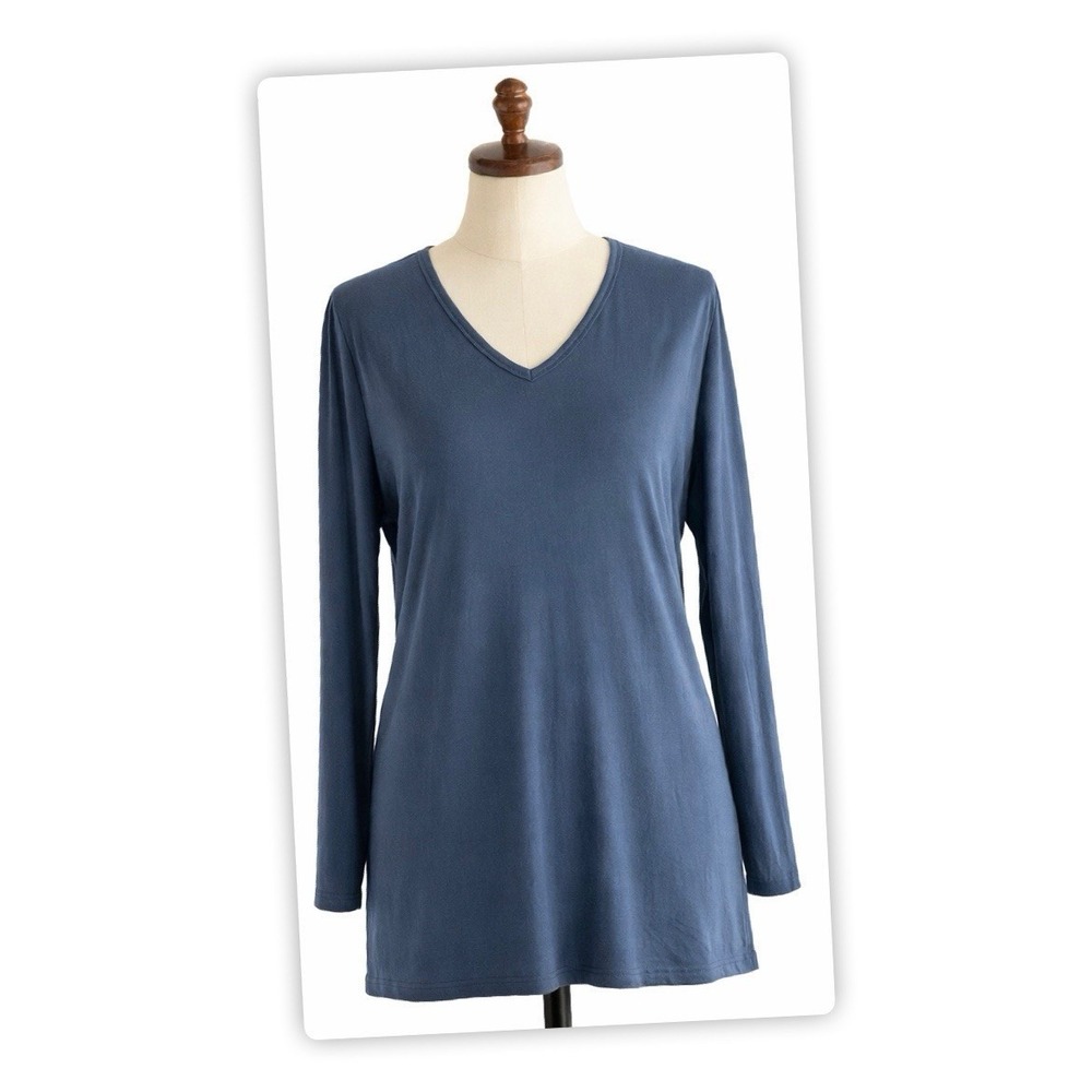 Eileen Fisher Tunic Top Medium Blue V Neck Long Sleeve Stretch Knit Minimalist